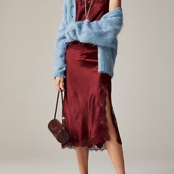 J. Crew Dresses & Skirts - J crew burgundy Gwyneth lace-trim slip skirt in textured satin